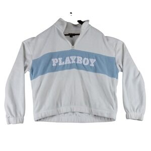 Playboy By Pacsun Fleece Sweater Women's Large Crop 1/4 Zip Pullover Ivory Blue